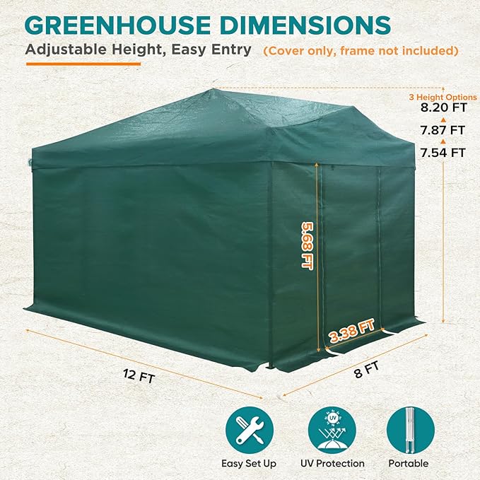 EAGLE PEAK Replacement Mesh Cover for 12x8 Portable Walk-in Pop up Greenhouse, Front and Rear Zippered Entry Doors (Frame Not Included), Green
