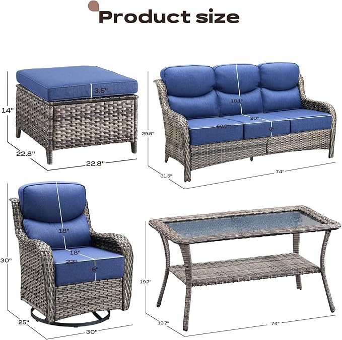 Wicker Outdoor Patio Furniture Set - 6 Piece Patio Conversation Sets with Swivel Rocker Chairs, Ottomans, Sofa and Table, 6 inch Cushions, Deep Seating, for Porch Deck Mixed Grey/Blue