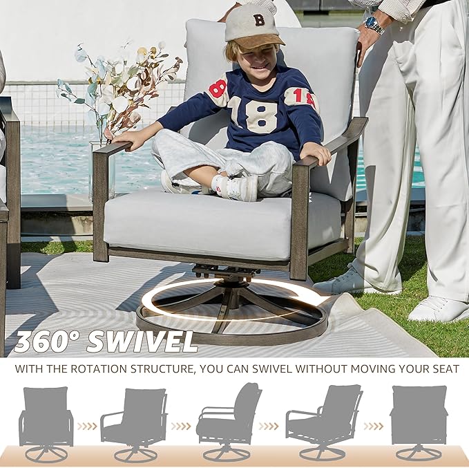 NATURAL EXPRESSIONS 4 Pieces Patio Furniture Sets, Modern Metal Outdoor Conversation Sets with High Back All Weather Hand-Woven Rope Rocking Swivel Chairs, Loveseat, Metal Table, 5.5" Thick Cushions