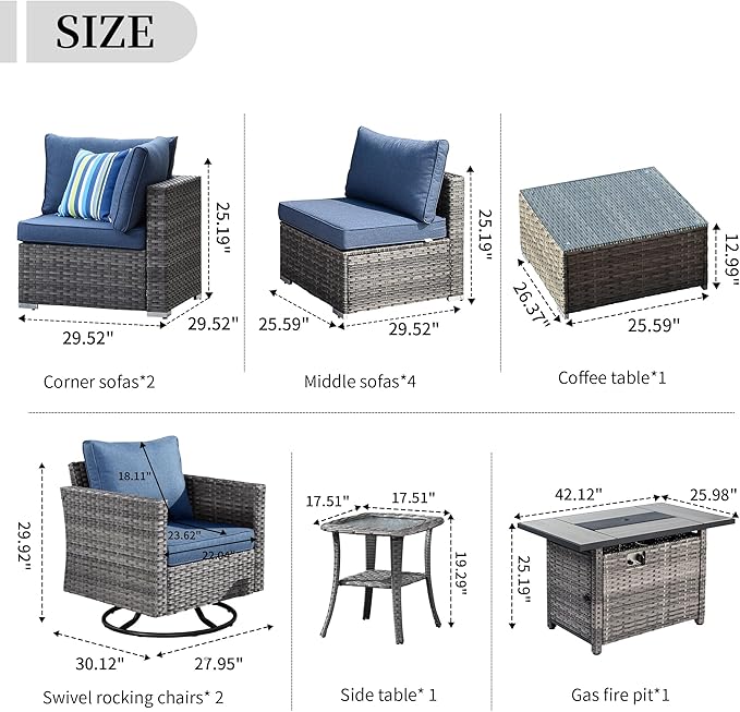 HOOOWOOO 11 Piece Patio Sectional Furniture Set with Fire Pit Table,Modern Wicker Outdoor Conversation Sofa Sets,Weather Resistant Modular L Shaped Outside Couch Swivel Chair Set(Denime Blue)