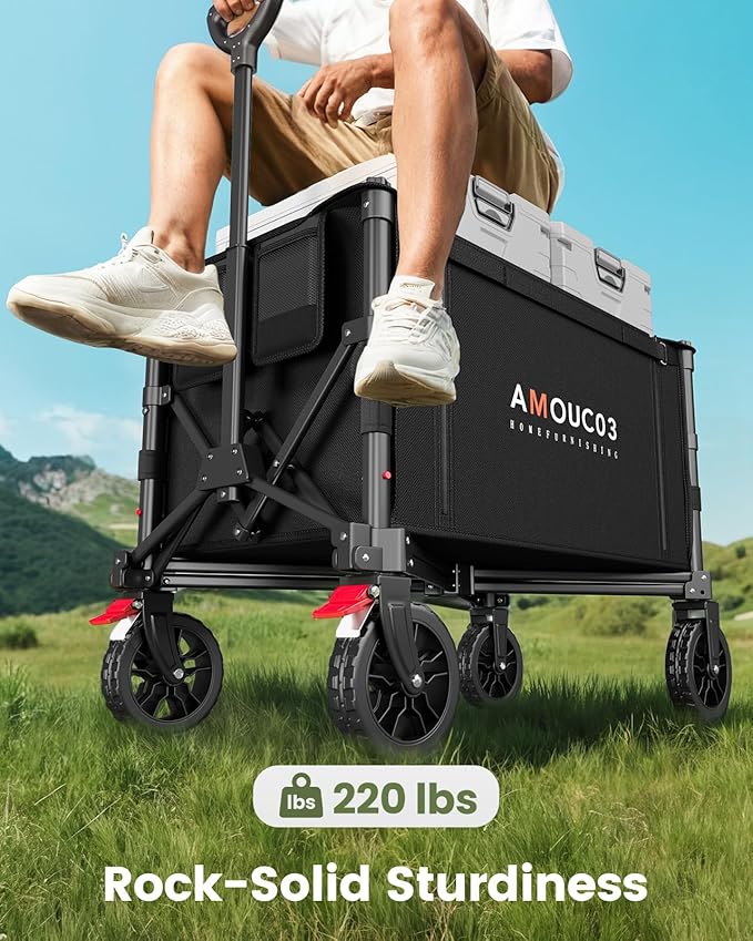 Wagons Carts Foldable, Collapsible Wagon Cart with 220 lbs Max Load and Expandable Storage Space, Heavy-Duty Foldable Wagon Cart with Wheels for Groceries, Shopping, Sport, Beach,Garden and Camping