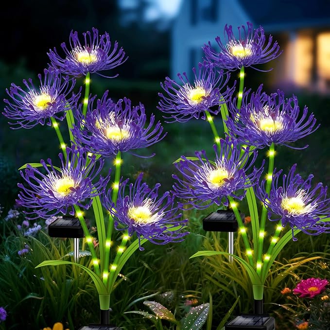 Solar Outdoor Lights Purple Spider Lily – 4 Pack 12-Head Waterproof Garden Flower Lights with Glowing Stems,Decorative Solar Powered Yard,Patio & Lawn Decor, Gardening Gifts for Women Grandma