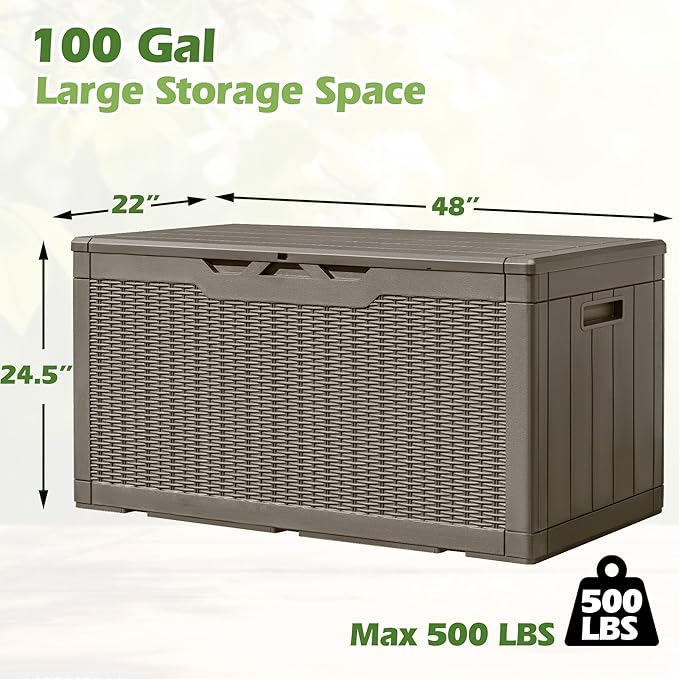 Greesum 100 Gallon Resin Deck Box Large Outdoor Storage, Imitation Rattan Weave Texture for Patio Furniture, Garden Tools, Pool Supplies, Weatherproof and UV Resistant, Lockable, Light Coffee