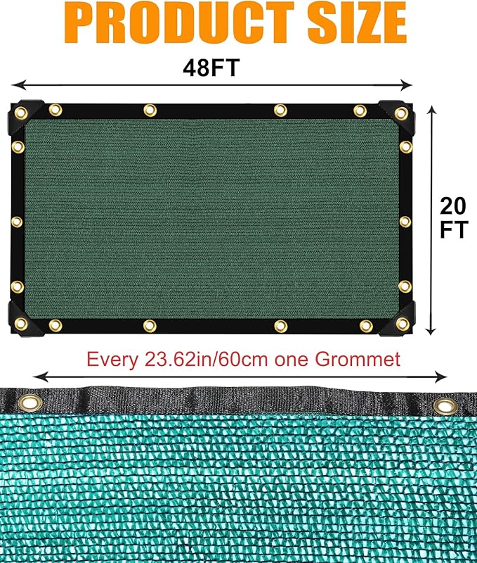E.share 40% Shade Cloth for Garden, 20 Ft X 48 Ft Sun Shades Outdoor Patio with Grommets for Plant Covers,Porch Screen,Pergola Shade Cover,Greenhouse,Green