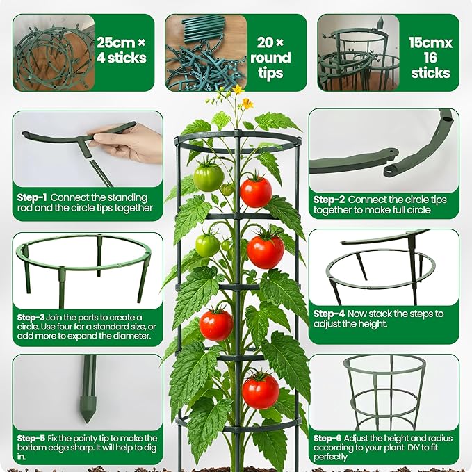 Tomato Cage – Trellis for Climbing Plants - Adjustable Plant Support Stakes, Monstera, Cucumber – Indoor/Outdoor, Tool-Free, Recycled Materials, Fits Greenhouse/Raised Beds (85cm x 22cm)