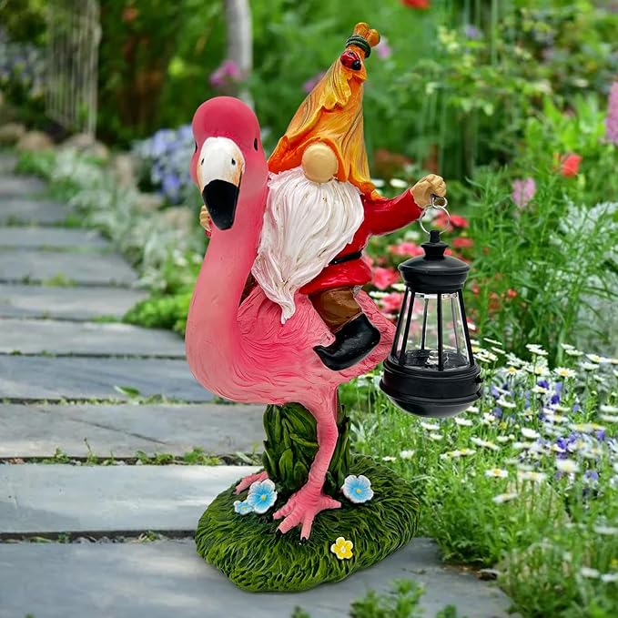 Gnomes Flamingo with Solar Lantern, Whimsical Decor for Garden, Yard, Patio, Lawn, LED Lights - Unique Gift for Women, Mom, Friends(Red Gnomes)