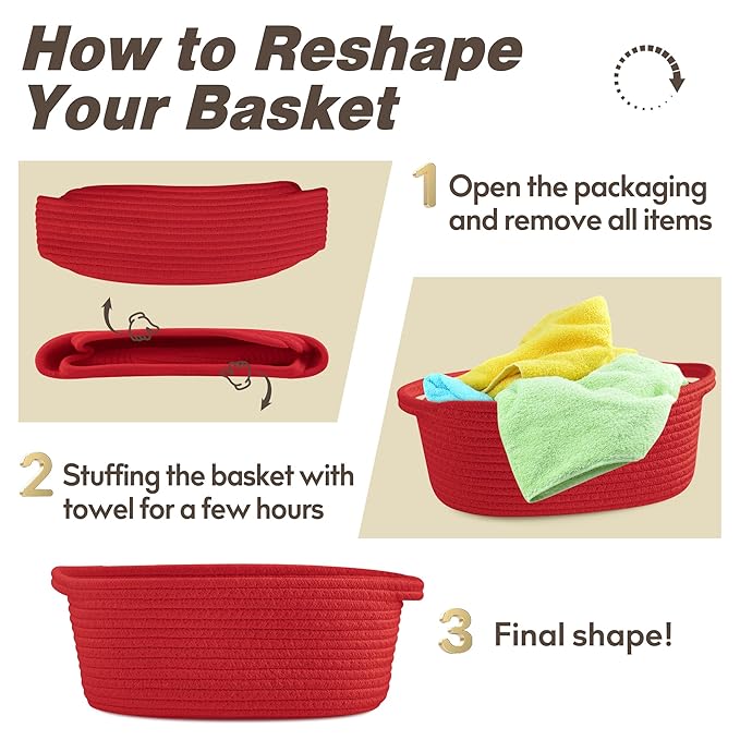 Pro Goleem Small Woven Basket with Gift Bags and Ribbons Durable Baskets for Gifts Empty Small Rope Basket for Storage 12"X 8" X 5" Baby Toy Basket with Handles, Red