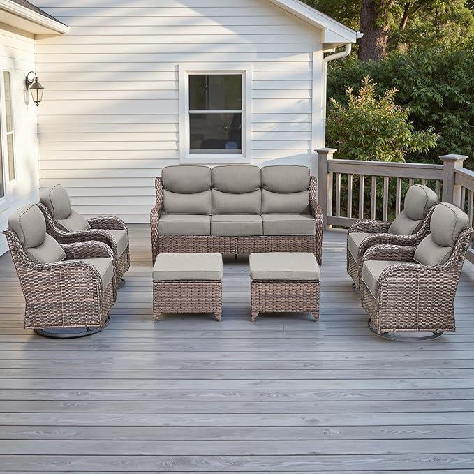 Wicker Outdoor Patio Furniture Set - 7 Piece Patio Conversation Sets with Swivel Rocker Chairs, Ottomans and Sofa, 6 inch Cushions, Waterproof Wicker, for Porch Deck Brown/Beige