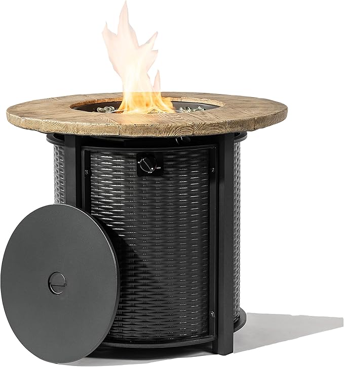 30'' Concrete Round Gas Fire Pit, 50,000 BTU Steel Outdoor Fire Tables, Fire Table with Lid, Add Warmth & Ambience to Gatherings and Parties On Patio Deck Garden Backyard.