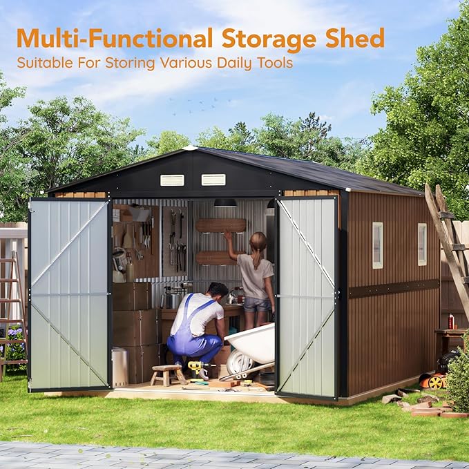 10X12 FT Outdoor Steel Storage Shed with Lockable Doors, 2 Windows, Garden Shed Ideal for Backyard, Patio Storage,Chicken Coop(Wood Panels & Frame Floor Not Included)