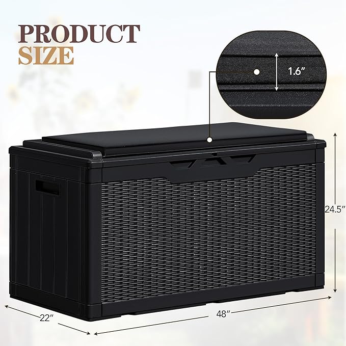 Greesum 100 Gallon Resin Deck Box Large Outdoor Storage Boxes with Cushions for Garden Tools, Patio Furniture Pillows, Pool Supplies, Black