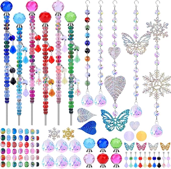 VICTLOV Crystal Suncatcher Making Kit, 340 Pieces with Beads, Snowflakes, Butterflies, Glass Balls for Garden Decoration, DIY Outdoor Hanging Ornaments (340Pcs Crystal Ball+Pendant)