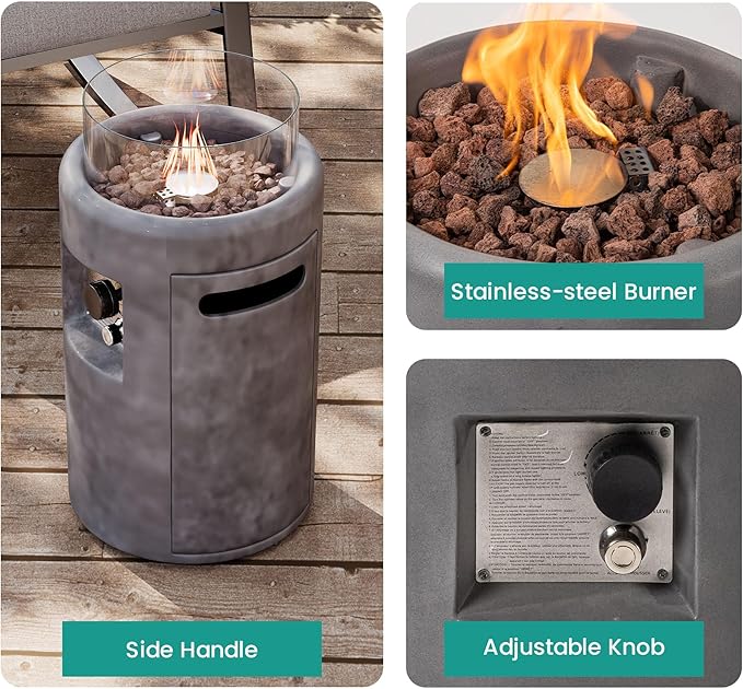 SUNBURY Outdoor Propane Fire Pit, Stone Like Fire Pit Table with Glass Wind Guard, Waterproof Cover, 40000BTUS Small Column Firepit Garden Lighting, CSA Certified (Grey)