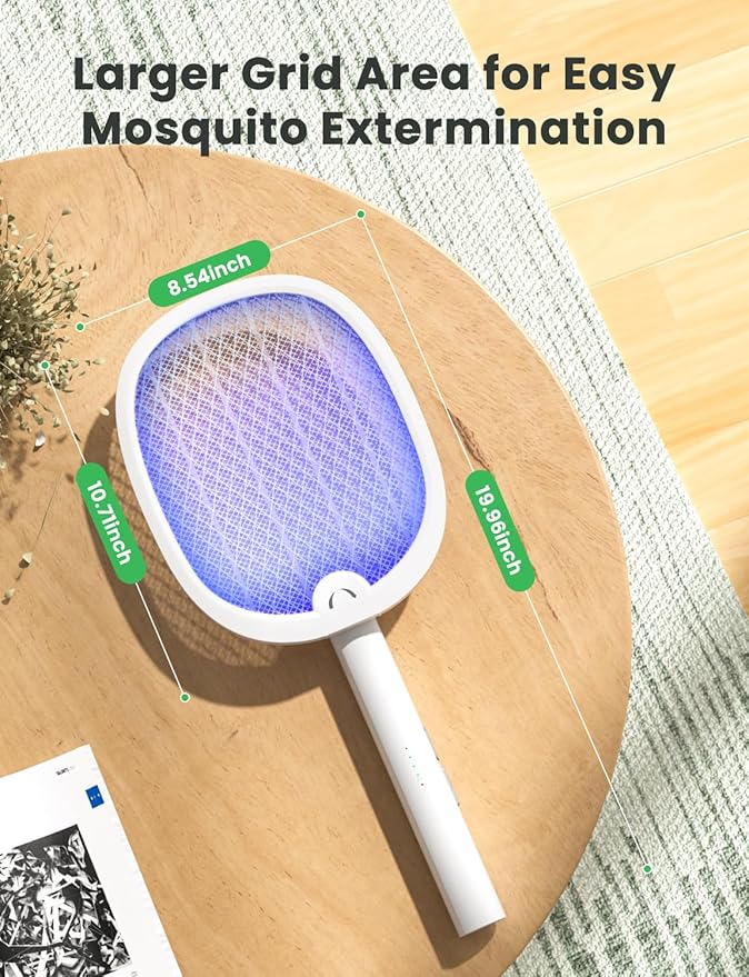 YISSVIC Electric Fly Swatter Foldable Bug Zapper Racket 2 in 1 Mosquito Killer with Purple Attractant Light Rechargeable 1800mAh for Indoor Home Backyard Patio Camping