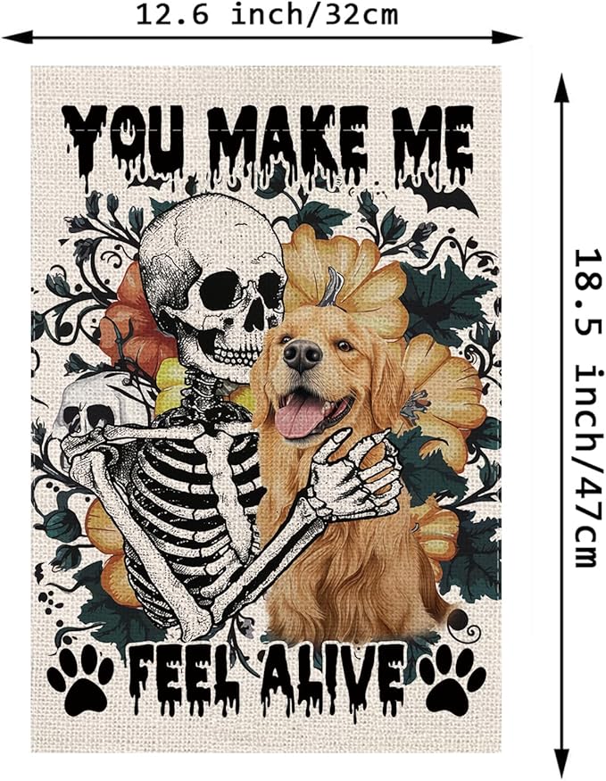 Halloween Garden Flag Skeleton and His Golden Retriever Vertical Double Sided Flags for Holiday Farmhouse Patio Yard Outdoor Party Decor Decorations Gifts - 12.5 x 18 Inch