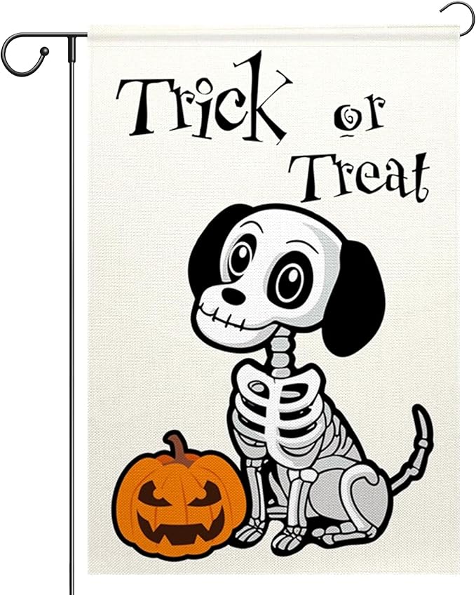 ChloropLastid Halloween Trick or Treat Garden Flag Ghost Dog 12x18 Inch Double Sided Skeleton Pumpkin Welcome Burlap Yard Flag Outside Decorations