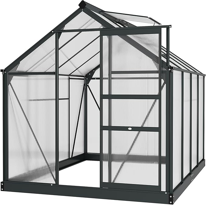 Outsunny 6' x 8' Greenhouse for Outdoors, Polycarbonate Greenhouse with Rain Gutter and Roof Vent, Aluminum Walk-in Green Houses for Outside for Patio Backyard Garden, Gray