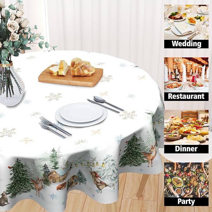 Giwawa Winter Christmas Round Tablecloth 60 Inch,Xmas Snowland Forest Deer Pine Tree Reusable Washable Fabric Tabletop Cover for Holiday Party Wedding Picnic Home Outdoor Decor