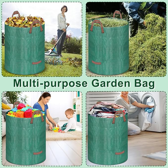 Remiawy Reusable Yard Waste Bags, 4 Packs 32 Gallons Lawn and Leaf Garden Bags Heavy Duty with 4 Handles, Collapsible Yard Waste Containers Camping Yard Recycling Bin for Debris Leaves Grass Clippings