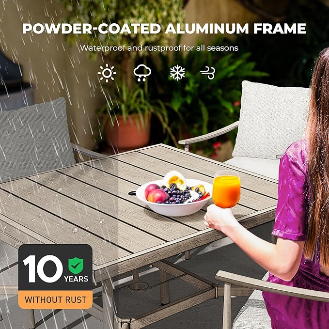 HAPPATIO 5-Piece Outdoor Dining Set for 4, Aluminum Patio Dining Set Includes 1 Large Square Table with Umbrella Hole and 4 Dining Chairs, Patio Furniture Set for Lawn, Porch, or Backyard (Grey)