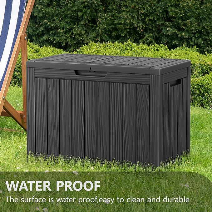45 Gallon Deck Box,Resin Outdoor Storage Box with Lockable for Patio Furniture, Pool Accessories, Garden Tools Waterproof Outside Storage Box, Black