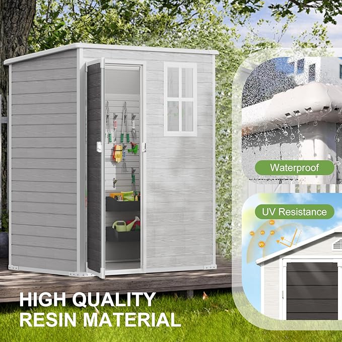 5x3 FT Outdoor Storage Shed, Waterproof Thicker Small Resin Shed with Floor & Lockable Door & Window & Vents, Plastic Tool Shed for Backyard, Patio, Poolside, Outside, Dove Grey