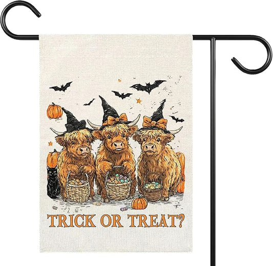 Trick or Treat Halloween Garden Flag for Outside, 12x18 Inch Double Sided Halloween Highland Cow Pumpkin Yard Flag, Farmhouse Small Yard Flags for Outdoor Decorations, Holiday Decor Gifts-A09