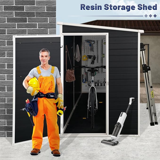 4x8 FT Lean to Shed, Resin Storage Sheds Outdoor with Floor, Plastic Sheds & Outdoor Storage Clearance with 2 Windows, Backyard Storage Sheds for Garden Tools, Bicycle, Gift for Dad