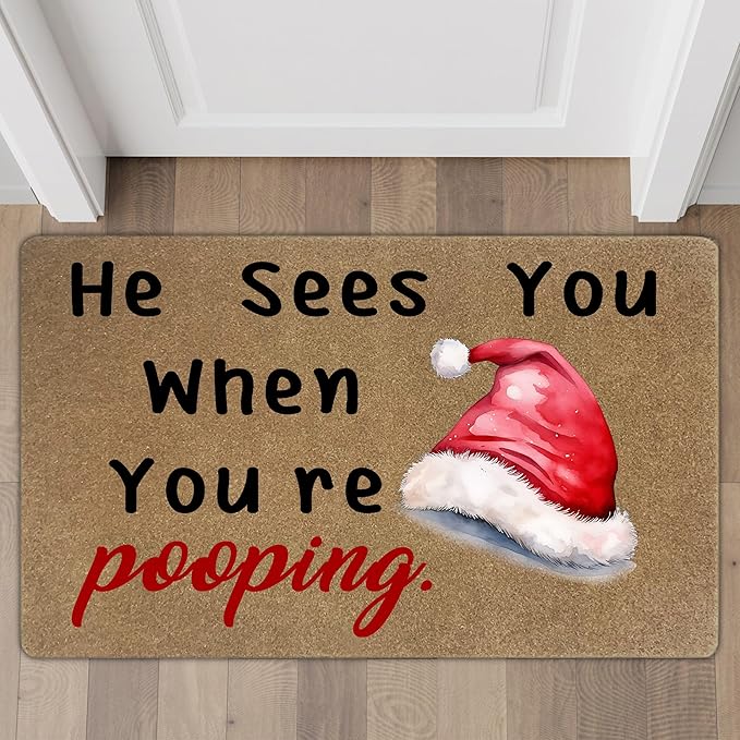 Funny Christmas Bathroom Faux Coir Door Mat, Christmas Bath Mat for Bathroom Entryway, He Sees You When You're Pooping Welcome Doormat for Washroom Restroom Toilet Porch Entrance, 17x30 Inch