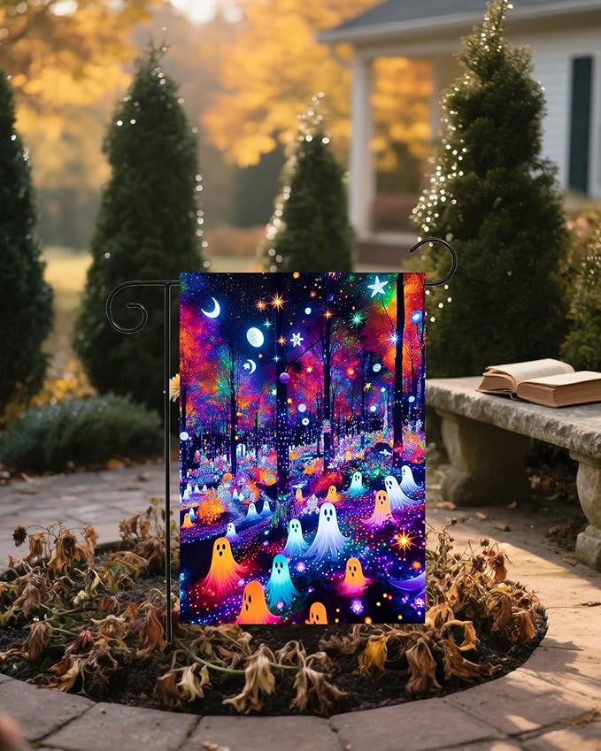 Fantasy Forest Colorful Ghosts Halloween Moon and Stars Garden Yard Flag 12"x 18" Double Sided Polyester Welcome House Flag Banners for Patio Lawn Outdoor Home Decor