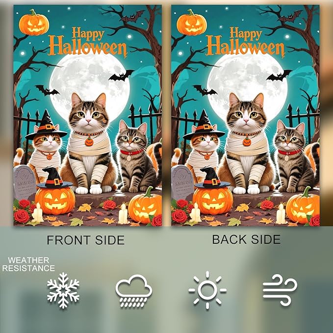 IVN Halloween Cat Garden Flag 28 x 40 Inch Double Sided House Flag with Moon Pumpkin and Bat Design for Spooky Outdoor Porch Decor