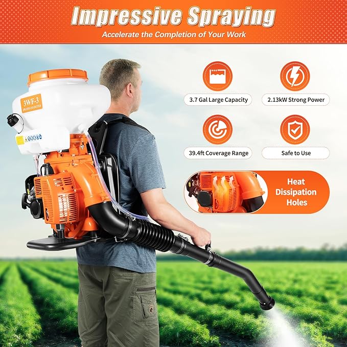 Backpack Fogger Sprayer, 3.7 Gal Gas Backpack Sprayer, 41.5CC 2 Stroke Powder and Liquid Mist Duster, Agricultural Gas Sprayer Mosquito Blower Insecticide for Orchards, Gardens