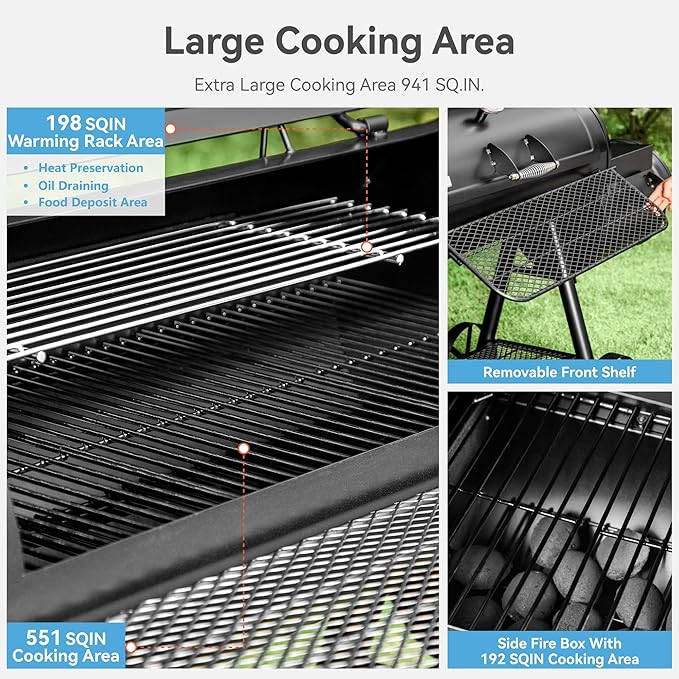 GREEN PARTY Offset Smoker Charcoal Grills with 37 Inch Cook Chamber, Barrel Smoker and Charcoal Grill Combo, 941 Sq. In. Space Barrel Smoker Grill for Outdoor BBQ Patio Backyard Cooking