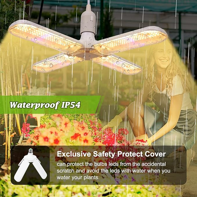 200W LED Grow Light Bulb - 552 LED Plant Light Bulb E26/E27 Sunlike Full Spectrum Plant Grow Lamp with IP54 Waterproof Foldable Four-Leaf Lamp Body for Hydroponics Garden Greenhouse Houseplants