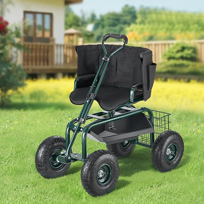 VEVOR Rolling Garden Seat with Wheels, Gardening Stool with Height Adjustable & 360°Swivel Seat, Ergonomic Backrest & Tool Storage, 400lbs Weight Capacity, Garden Scooter Wagon Cart for Yard, Patio