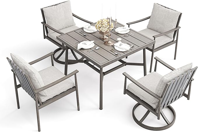 HAPPATIO 5-Piece Outdoor Dining Set for 4, Aluminum Patio Dining Set Includes 1 Large Square Table with Umbrella Hole, 2 Swivel Dining Chairs, and 2 Dining Chairs, for Lawn, Porch, Backyard (Grey)