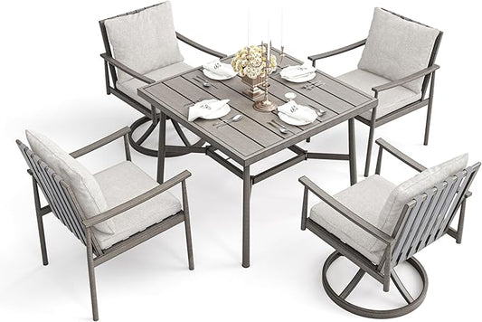 HAPPATIO 5-Piece Outdoor Dining Set for 4, Aluminum Patio Dining Set Includes 1 Large Square Table with Umbrella Hole, 2 Swivel Dining Chairs, and 2 Dining Chairs, for Lawn, Porch, Backyard (Grey)