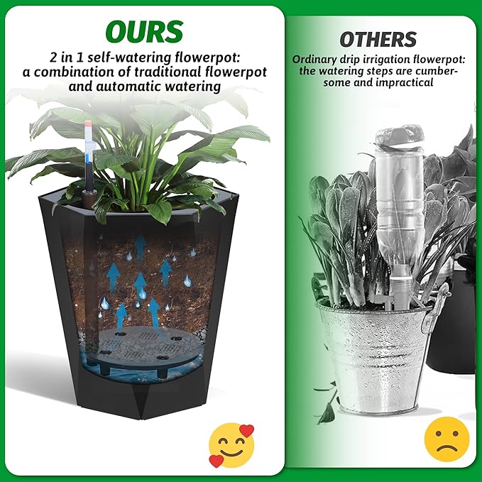 16 Inch Tall Outdoor Planters Set of 2, Self Watering Pots for Indoor Plants with Water Level Monitor & Drainage Hole & Wheels, Large Planter Pots for Garden, Patio, Balcony, Black