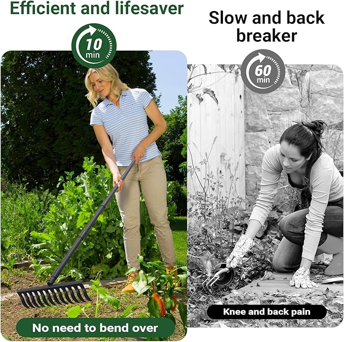 Garden Metal Bow Rake with 60 Inch Long Adjustable Handle,17 Inch Wide Heavy Duty Yard Thatch Rock Rakes for Gardening, Lawn Leveling, Loosening Soil, Gathering Grass, Gravel, Mulch, Leaves