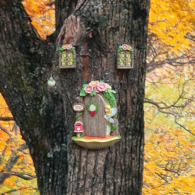 Fairy Door and Windows Garden Kit Accessories Outdoor, Glow in Dark Gnome House for Tree, Lawn Yard Art Sculpture, Miniature Garden Decor (Fairy)