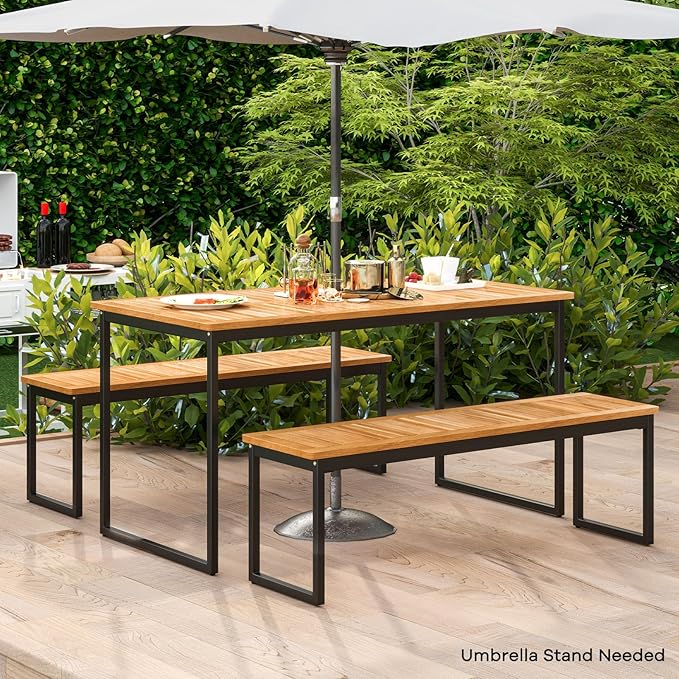Tangkula 3 Pieces Outdoor Dining Set for 6 People, 55 inch Rectangle Patio Table & 2 Benches with Acacia Wood Tabletop, Metal Frame & Umbrella Hole, Dining Furniture for Yard, Garden, Poolside