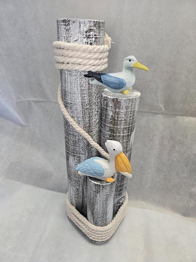Pelican and Seagull Statue on Wood Pilings – Coastal Garden Decor, Nautical Bird Sculpture for Porch, Pool, Patio or Beach House - Marine Bird Sculpture Nautical Decor