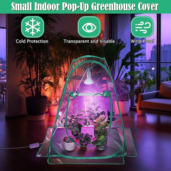 Meonum Mini Greenhouse with 10W 200 LED Grow Light Bulbs for Indoor, 27 x 27 x 30 Pop Up Small Greenhouse Cover with Bottom Waterproof Bottom Mat for Indoor Outdoor Plants Seed Starting