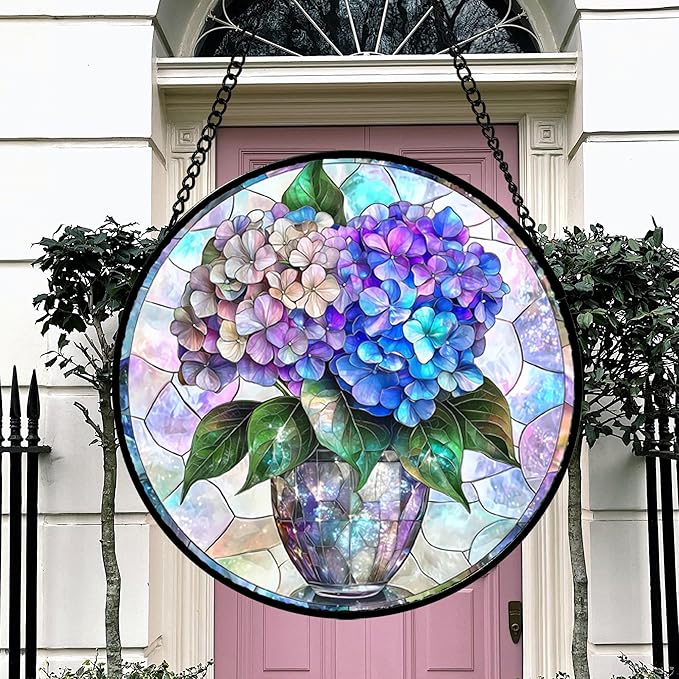 Stained Glass Window Hanging, Blue Purple Hydrangea Flowerpot Suncatcher for Doors Home Sun Catchers Decoration and Christmas, Mother's Day Birthday Gifts for Women, Men, and Mom 11.8 in
