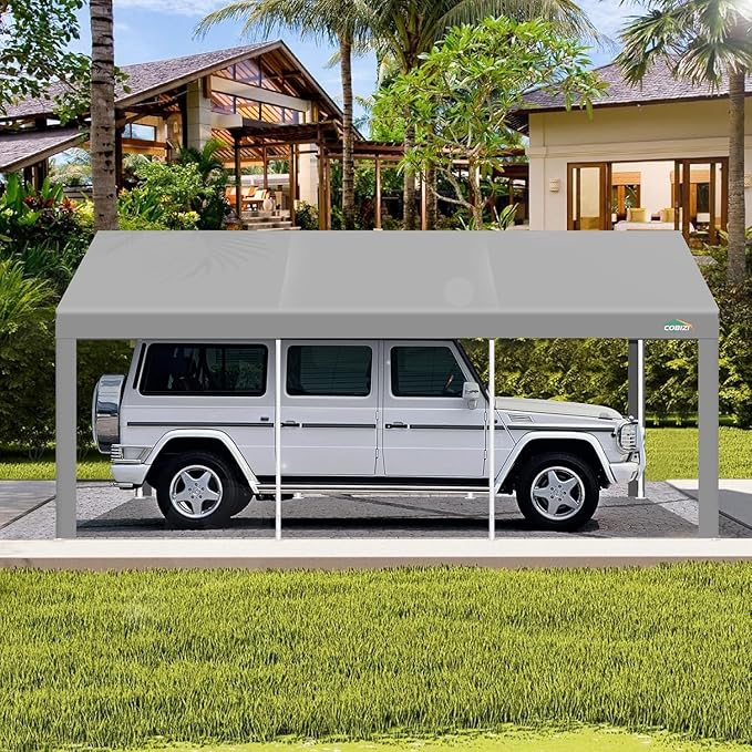 COBIZI Carport 12x20ft Heavy Duty Portable Garage, 2.0 Powder Coated Frame(Better Than Galvanized), Waterproof Shelter with Built-in Sandbags, for Car/Boat/SUV, Gray