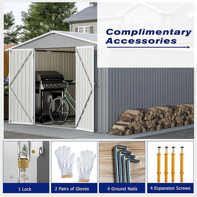 8×12 FT Storage Shed with 1 Lockable Door and Vents,Metal Aluminum Waterproof Tool Sheds,Heavy-Duty Sheds Unit W/Floor Frame,Lock & Key,Garden Shed for Storing Bicycles,Barbeques,Gray