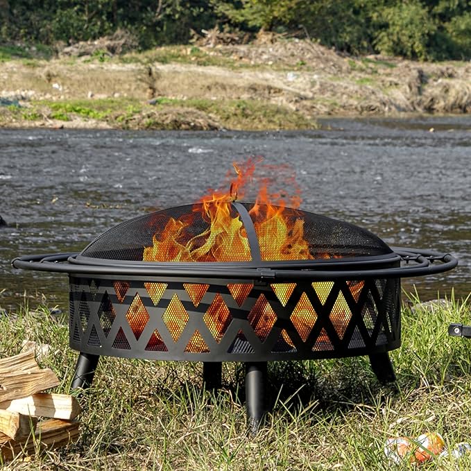 42 Inch Wood Burning Fire Pit with 2 Loops, Outdoor Fire Pit with Spark Screen & Fire Poker, Cross Weave Firepit for Outside Fireplace Bonfire for Yard,Patio, Garden