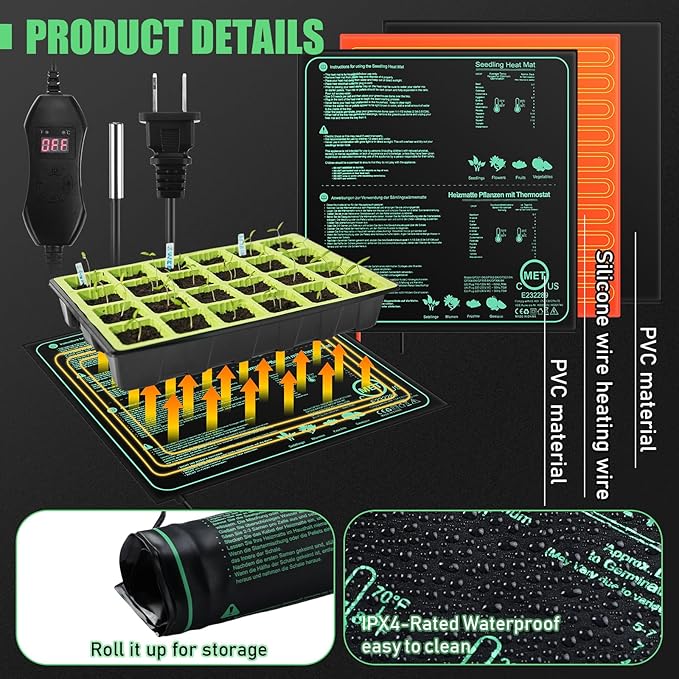 ROCEEI 2 Pack Seedling Heat Mat with Digital Thermostat Controller 20 x 20.75 Inch Waterproof Plant Seedling Heat Mat for Germination, Hydroponics, Brewing, Breeding, Indoor Gardening and Greenhouse