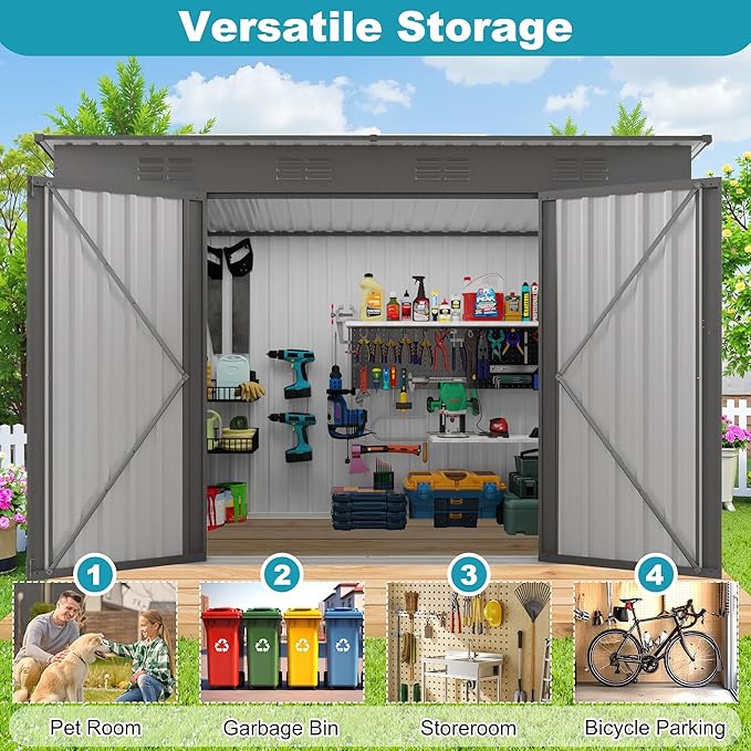 4x9 FT Outdoor Metal Storage Shed, Tool Shed with Pitched Roof and Lockable Door, Compact Garden Shed for Backyard Garden Patio Lawn, Gray