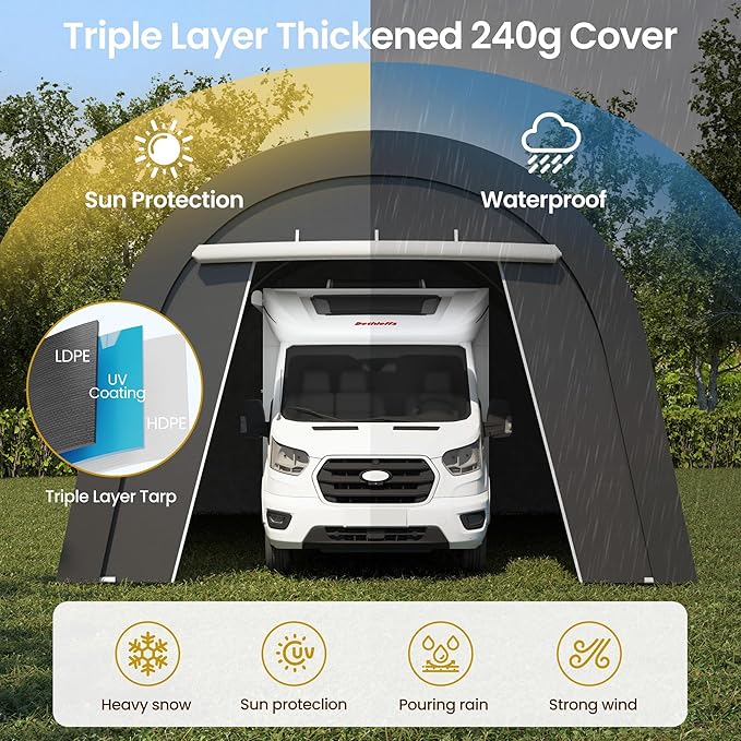 Carport, 12'x25' Outdoor Round Portable Garage with 2 Roll up Doors, Heavy Duty Storage Shelter Car Canopy Party Tent, Dark Gray